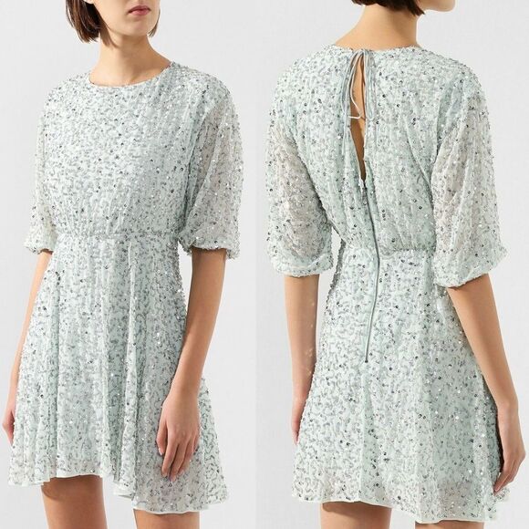 NWT! Alice + Olivia Palmira All-Over Sequin Chiffon Dress - Venus Blue | Size 6 - Picture 1 of 13